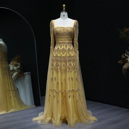 Jancember LSZ461 Crystal Square Collar Yellow Evening Cape Sleeve Prom Dresses