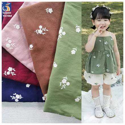 YX709 Elegant Embroidered Cotton Fabric Handcrafted White Floral Embroidery on Soft 30 Linen 70 Cotton Ramie Cotton Fabric