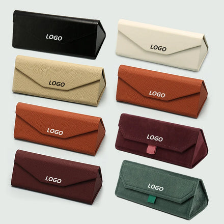 Wholesale Leather Glasses Case Triangle Folding PU Texture Handle Plush Sunglasses Box Antipressure Eyeglasses Cases Custom LOGO