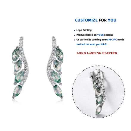 ER020054 925 Sterling Silver Leaf Shape Stud Earrings for Woman Natural Unique Stone Moss Agate Engagement Gift Luxury Jewelry