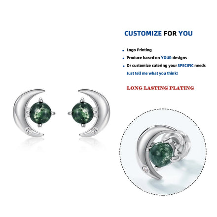 E013800-L 925 Sterling Silver Moon Earrings Natural Water Grass Agate Studs Earring Delicate Jewelry Birthday Graduation Gift