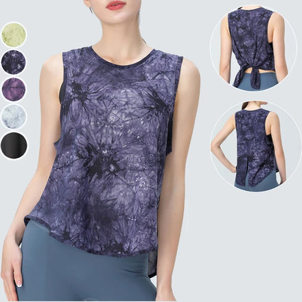 Hot Sale Breathable Crew Neck Back Tie up Design Womens Tie Dyed Sleeveless Gym Yoga Tank Top