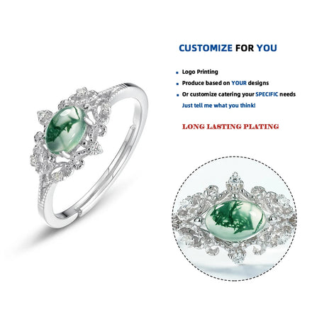 R006000-L 925 Silver Jewelry Retro Natural Water Grass Agate Open Ring Round Shape Natural Green Moss Agate Ring for Women