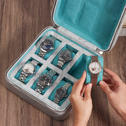 Portable Marble PU Leather Zipper Watch Box 6 Slots Teal Velvet Travel Watch Storage Case