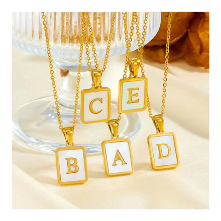2025 New Ins Wholesale 18k Gold Plated Stainless Steel Shell Initial Letter Diy Square Pendant Snake Chain Necklace Women