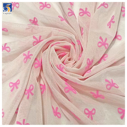 YX729 Christmas Pink Bow Tie Flocked Tulle Fabric 92 Nylon 8 Spandex Stretch Net Mesh Flocking Fabric for Lingerie Dress