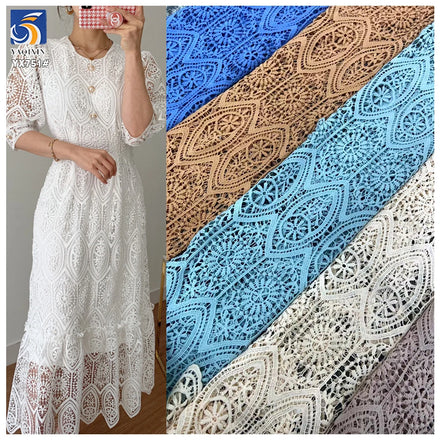 YX751 Factory 130cm Wide Full Width Hollow Dyed Lace Water Soluble Embroidery White Lace Fabric for Home Textiles