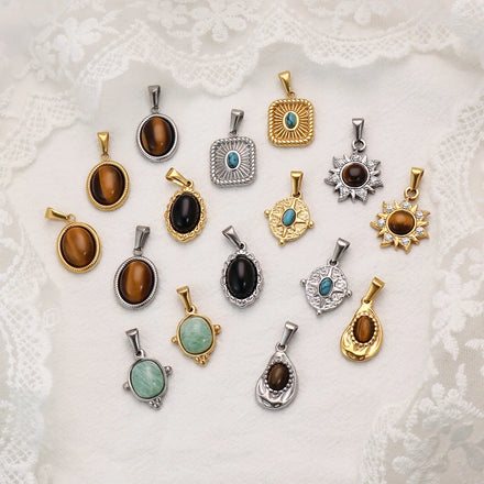 2025 Custom 18k Gold Plated Natural Stone Pendants Stainless Steel Oval Gemstone Agate Stone Pendant for DIY Jewelry Making