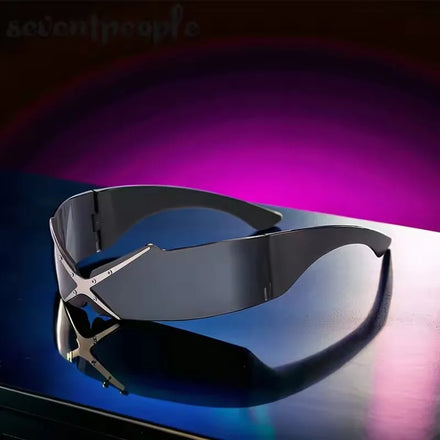 Logo Custom Fashion Men Women Black Silver Y2k Punk Shield Shaped Sun Glasses UV400 Rimless One Piece Lens Sunglasses