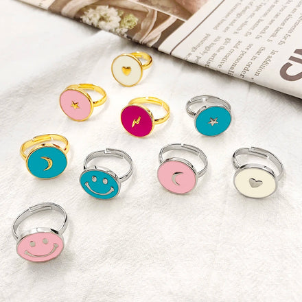 Candy Color Cartoon Smile Lovely Customized 925 Sterling Silver Ring Gold Plated Enamel Heart Non-Fading Jewelry for Women