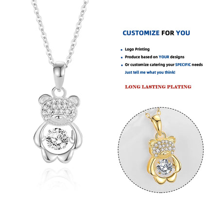 D320 Romantic 925 Sterling Silver Bear Necklace Elegant Geometric Crystal with Heart Shape Jewelry Accessories for Women