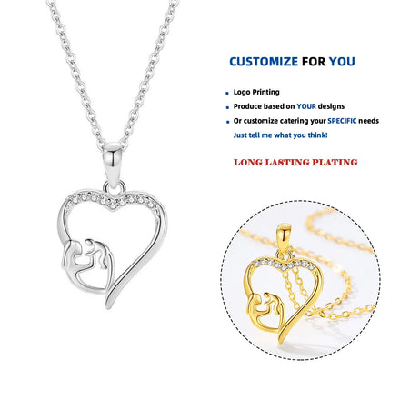 D656 925 Sterling Silver Mothers Love Heart CZ Pendant Necklace Mother's Day Gift for Women for Party Occasions