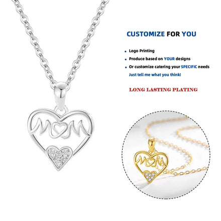 D654 925 Sterling Silver Heart Shaped Zircon Necklace with English Letter MAMA Mother's Day Gift Women's Pendant Jewelry