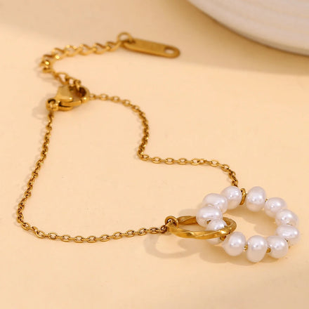 Dreamshow Imitation Pearl Circle Cross Chain Bracelet 18K Gold Plated Jewelry Anti Tarnish Jewelry Stainless Steel Bulk Buy