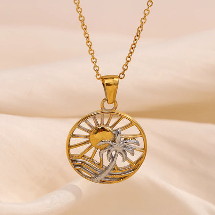 Dreamshow Mix Color Coconut Tree Sunburst Pendant Necklace 18k Gold Plated Anti Tarnish Jewelry Stainless Steel Necklace