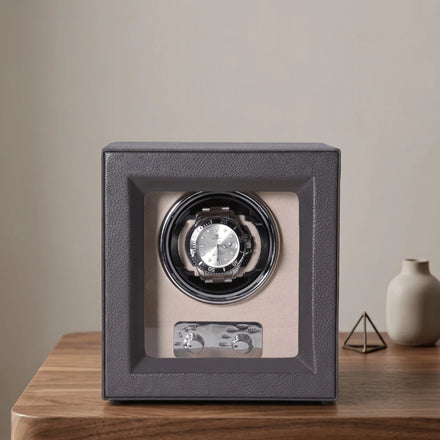 High Quality Single Slot Protective Watch Winder Box Grey PU Leather Watch Display Silent Motor Rotating Battery Operated