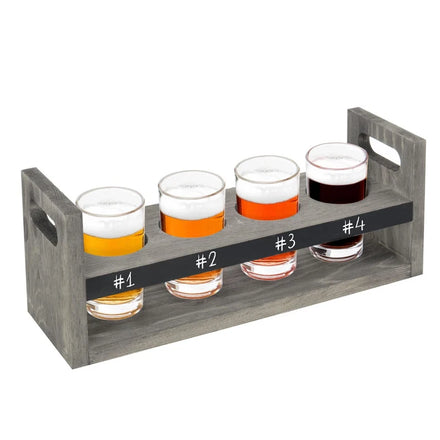 Beer Flight Board Tasting Sampler Set with Chalkboard Panel 4 Beer Glasses and Vintage Gray Wood Carrying Tray with Handles