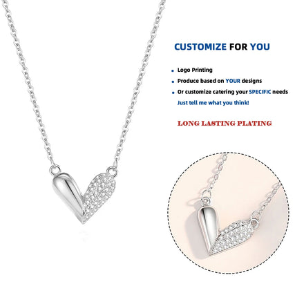 DY950 Sterling Silver Loving Hearts Asymmetrical Smooth Cubic Zircon Heart Shape Pendant Necklace