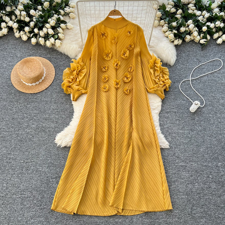 2025 Spring Slim Pleated Midi Dress For Women Empire 3D Shift Lace Dress