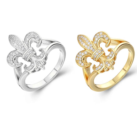 Classic 925 Sterling Silver Iris Flower Inlaid with Cubic Zirconia 18k Gold Plated Unisex Ring Jewelry