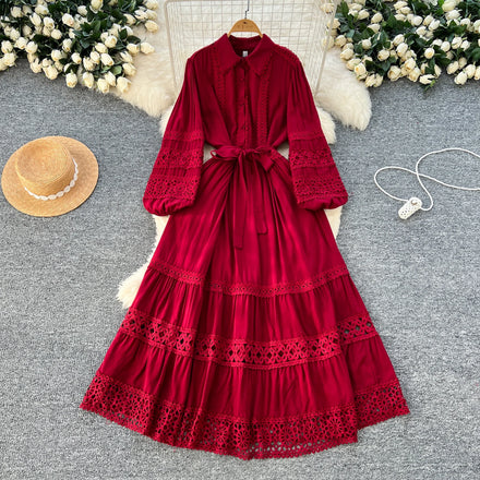 2025 Spring Vintage Tunic Slim Casual Midi Dress For Women Empire Patchwork Hollow Out Lace Dress
