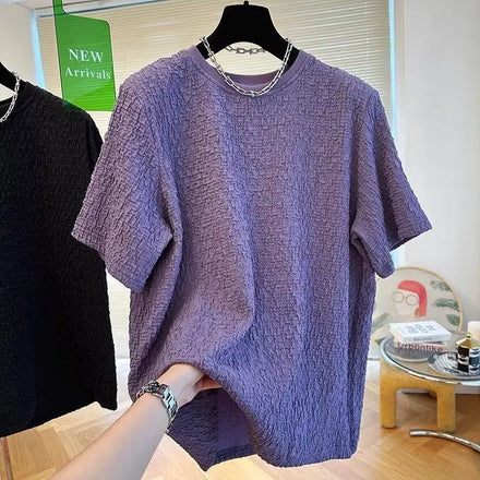 oem custom printed embroidery logo design Summer leisure solid color lazy loose pullover round neck short sleeve men's T-shirt
