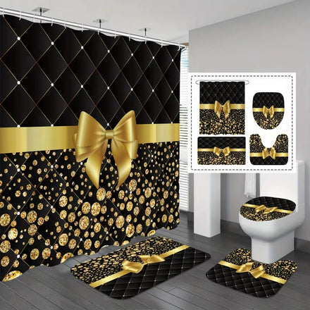 Luxury Bow Shower Curtain Set Black Golden Glitter Bathroom Sets With Shower Curtain and Rugs