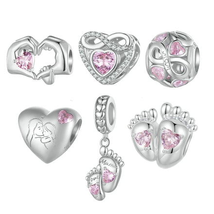 S925 Sterling Sliver Pink Heart Mother's Day Series Bracelet Charms Beads Great Maternal Love Mom Charms DIY Fashion Bracelet