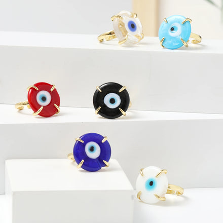 Fashion Jewelry Rings Handcrafted Colored Glazed Beads Ring 18k Gold Plated Copper Full Diamond Blue Dripping Oil Eyes for Women