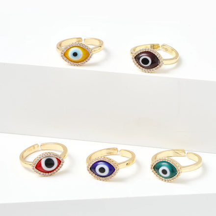 Wholesales Jewelry Cubic Zirconia Adjustable Ring Fashion Women Zircon Enamel Trendy Gold Plated Evil Eyes Rings