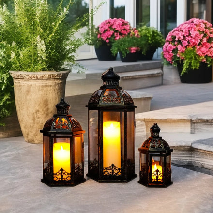 Set Of 3 Classic Black Brushed Gold Outdoor Lantern Event Garden Hanging Candle Lantern With Moroccan Style