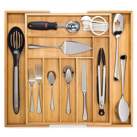 Manufacturer Cutlery Wood Tray Expandable Dividers Storage Desk Utensil Kitchen Bamboo Drawer Organizer