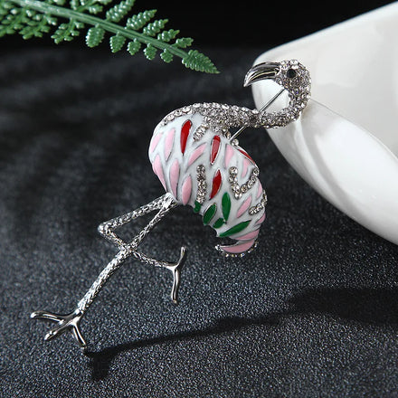 Jewelry Metal Enameled Zinc Alloy Elegant Animal Flamingo Spiked-billed Crane Fashion Rhinestone Pin Brooch for Ladies