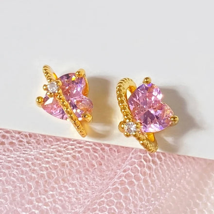 Foxi Ready to Ship Earrings Gold Plated Fashion Jewelry Planet Pink Zircon Heart Earrings for Girls