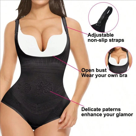 Tummy Control Shapewear Bodysuit for Women Open Bust Body Shaper Waist Trainer Floral Bodysuit Body Briefer