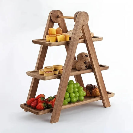 3-Tier Wooden Rectangular Serving Tray Farmhouse Style Acacia Cupcake Stand Decorative Brown Cheese Living Room Spice