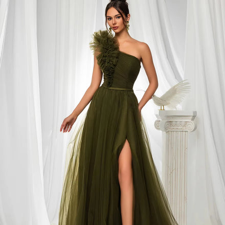Jancember LSMZ77 Sexy One Shoulder Army Green Party Prom Women's Dresses with Slit