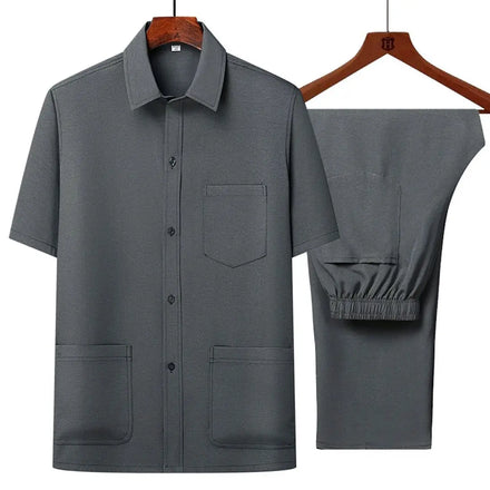 OEM custom logo embroidery printed design middle-aged and elderly dad summer thin ice silk men's short-sleeved shirt suit