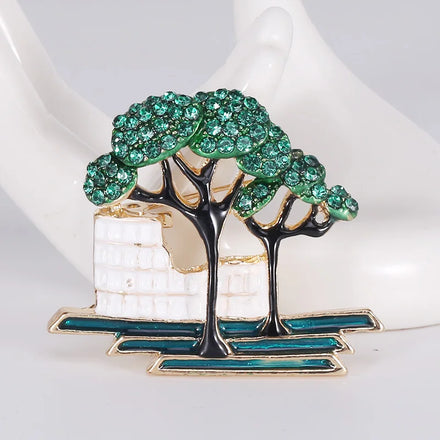 New Arrival Crystal Zinc Alloy Women Jewelry Rhinestone Enamel Building Tree Brooch Pin