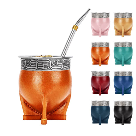 Factory Price Customized Imperial Mate Gourd with Straw Handmade Leather Fishbone Script Stainless Steel Mate Tea Cup Set