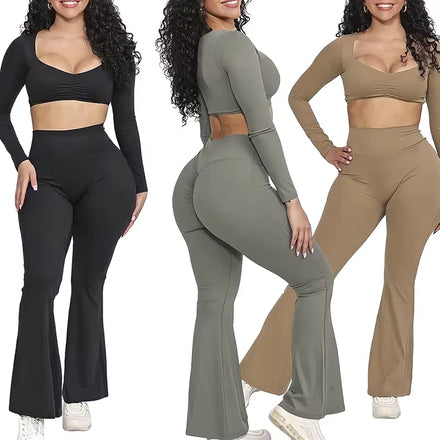PASUXI High Quality Custom Design Women's Yoga Flare Pants Tracksuit Set Long Sleeved Square Neck Sportswear Solid 2 Piece Set