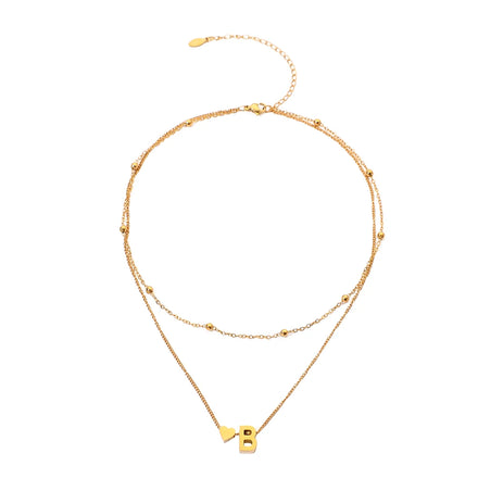 New 18K Gold Plated Stainless Steel Double Layer Bead Chain 26 Alphabet Letter Necklace