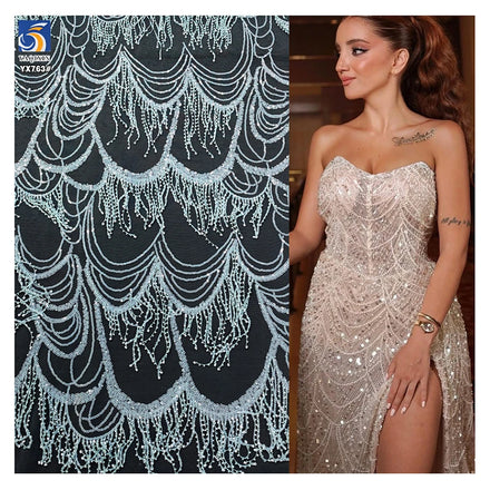 YX763 Latest Width 130cm Weight 250gsm European Style Beaded Embroidery Mesh Wedding Dress French Tassel Lace Fabric
