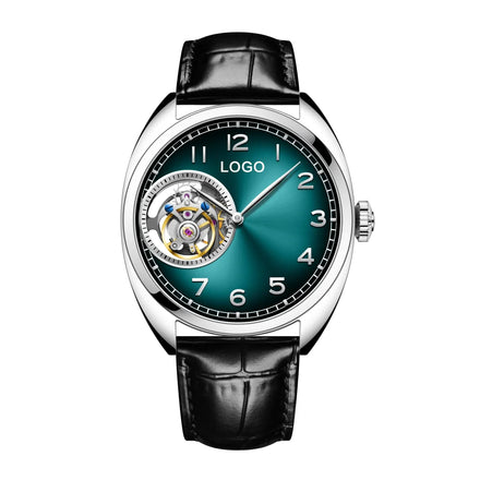 Custom Your Own Logo Watch  Luxury Genuine Leather Blue Green Gradient Stainless Steel Oval Men's Tourbillon Mechanical Watches
