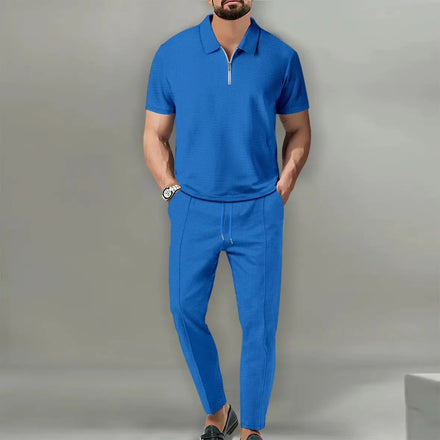 OEM custom logo embroidery printed design cross-border new high-end waffle short-sleeved zipper top short-sleeved polo suit sets