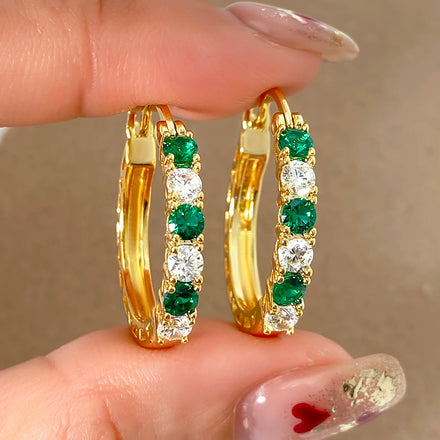 For Hot Selling 925 Italian Silver Jewelry Custom Medium Size Vintage Hoop Earrings Green CZ 18K Gold Plating Key Shape Women's