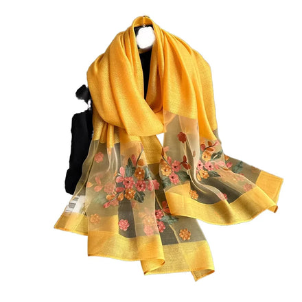 Spring and Autumn New Imitated Silk Scarf Women Elegant Embroidered Begonia Flower Long Scarf Summer Sunscreen Gauze Scarf