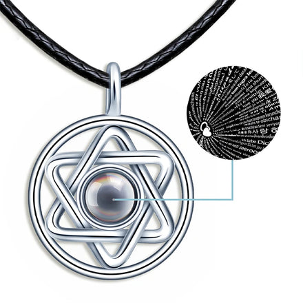 Six-Point Star David Pendant Necklace 925 Silver 100 Languages I Love You Necklace Jewish Men's Gift