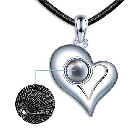 Hollow Heart Sterling Silver I Love You Necklace 100 Languages Projection Necklace for Man