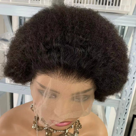 CF163 Black Afro Kinky Curl Full Lace Wig Raw Hair Clear Lace Glueless Brazilian Human Hair for Braiding 8 -10Inches Braided